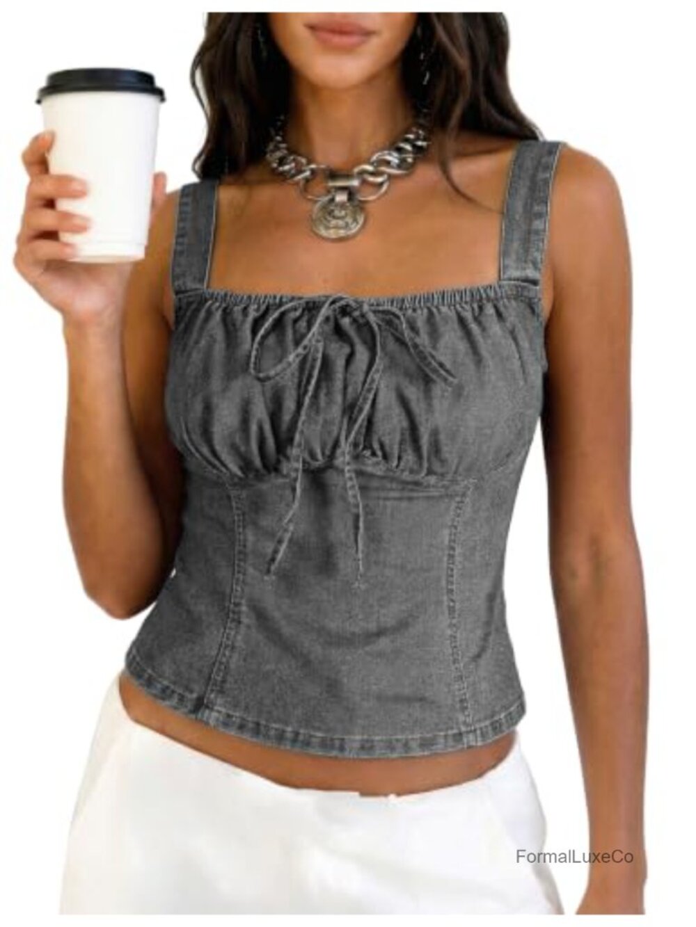 Denim Corset Top Womens Smocked Back Square Neck Sleeveless Jean Vest
